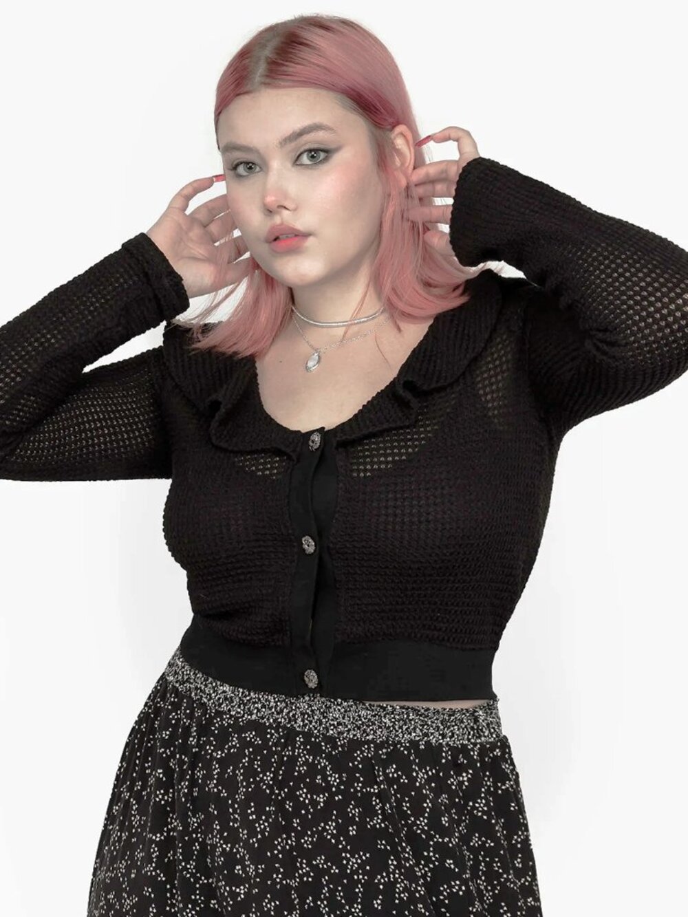 Disturbia Enchantress Black Cropped Ruffle-Trim Cardigan - US 8